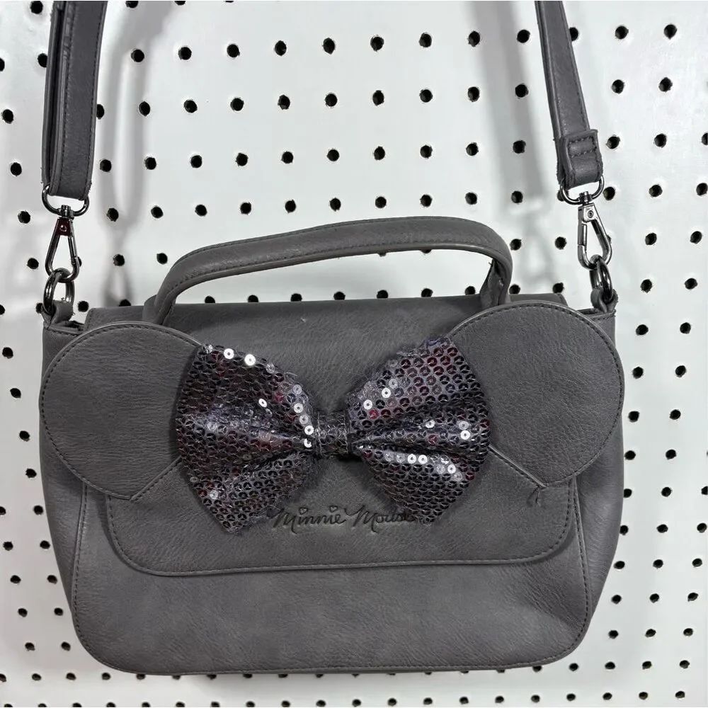 Loungefly Disney Minnie Mouse Ears Sequin Bow Crossbody Bag Gray